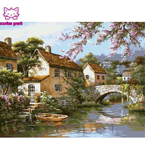 Photo custom diy diamondAbstract art, small bridge river landscape embroidery diamond painting full square round drill diamond