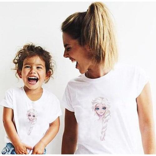 Queen Elsa Disney Princess Printed Family Matching T Shirts Mommy And Me Clothes Short Sleeve Loose White Twins Clothes