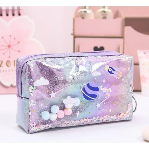 Holographic Zipper Pencil Case Portable Key Coin Purse Cosmetic Makeup Bag PU Stationery Storage Pouch