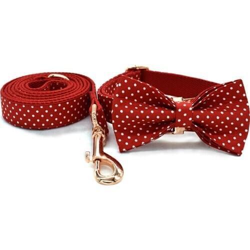 Katu Pet Style Red Dot Dog Collar with Bow tie and Leash Personal Custom Adjustable Pet Cotton Dog & Cat Necklace Gold Buckle