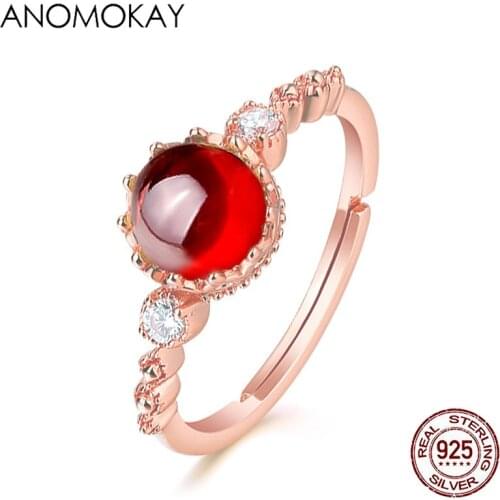 Anomokay Romantic Big Red Opals Women Rose Gold Rings Prong Setting White CZ 100% Sterling Silver Resizable Rings for Party