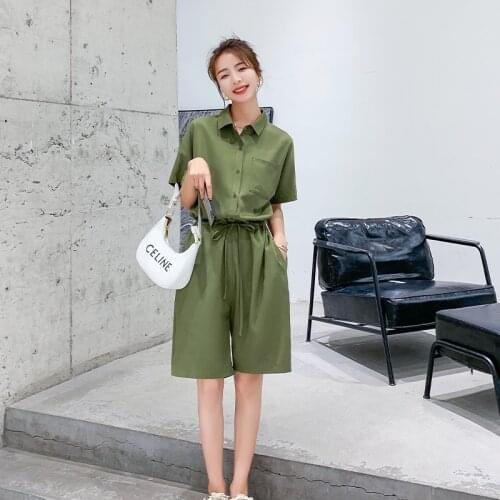 Summer short Jumpsuit Women Short Sleeve Loose Casual Drawstring Waist Shirt Style Wide Leg One Piece Shorts Overalls Romper