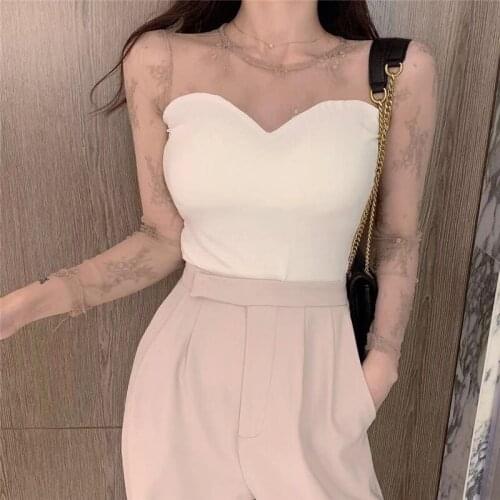 Summer Women Chiffon Blouse Lady Sexy Chic Style Long Sleeve Slim Fit Plus Size Round Neck Super Faily Lace Top Patchwork Tee