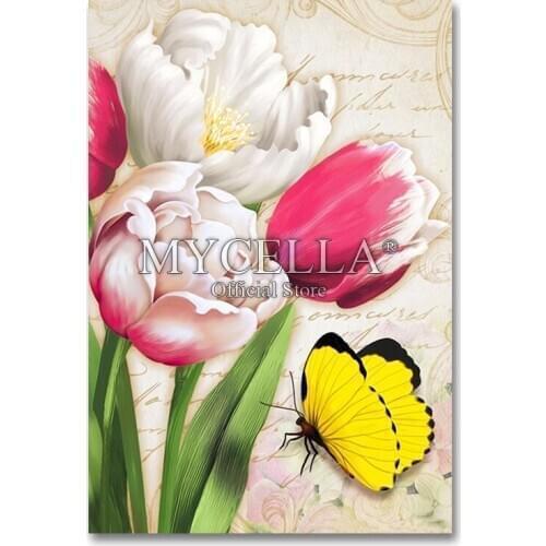 Tulip & Butterfly 5d Diy Diamond Painting Cross-Stitch Kits Embroidery Flowers Mosaic Pictures Full Rhinestones Home Decoration