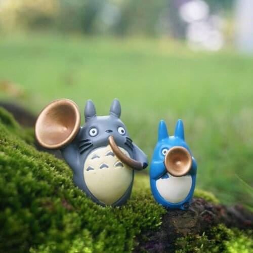 A set 2pcs Miniature Tiny Grey and Blue Totoro Play Trumpet , Ghibli Figurines Fairy Garden Supplies Terrarium Accessories Totor