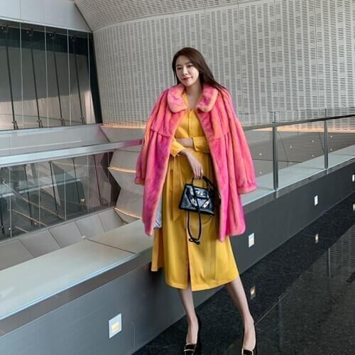 Ftangaiur 2020 New Winter Import Velvet Mink Fur Coat Turn-Down Collar Natural Mink Fur Coats Womens Medium Real Mink Fur Coats