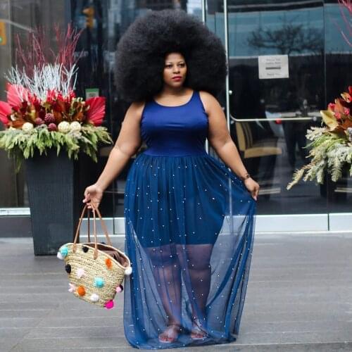 Charming Women Mesh Patchwork Party Dress Plus Size Ladys Sexy O-neck Sleeveless Beading Floor-length Dresses 2020 Autumn New