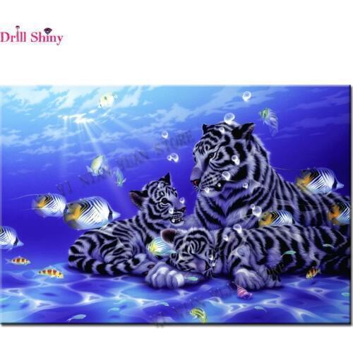 Full square 3d diy diamond painting white tiger and fish Crystal Diamond embroidery mosaic Needlework Home Decor animal crafts