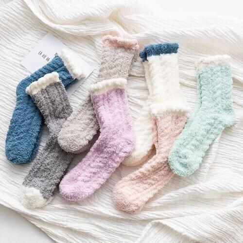 Keep Warm Home Floor Slipper Mid Tube Socks for Women Coral Velvet Thickening Soft Winter 1Pair Fluffy Bed Sock