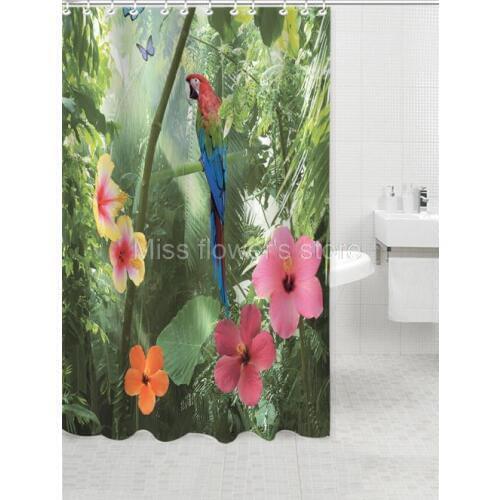 Vivid Parrot & Nature Pattern Shower Curtain Bathroom Waterproof Mildewproof Polyester Fabric With 12 Hooks 180cm*180cm