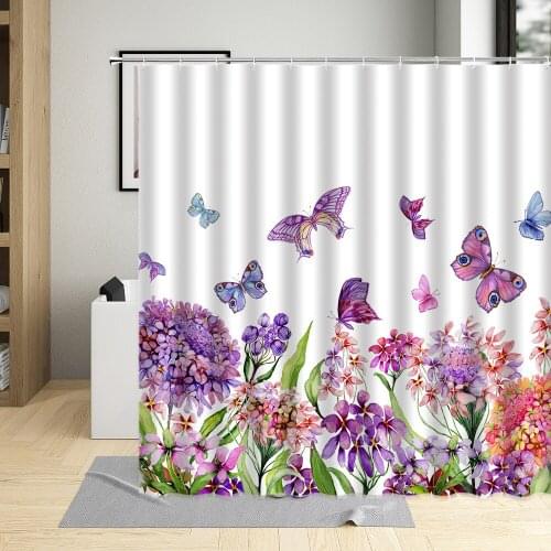 Flowers Shower Curtains Butterfly Plant Landscape Lavender Floral Bathroom Decoration Set With Hooks Polyester Waterproof Fabric