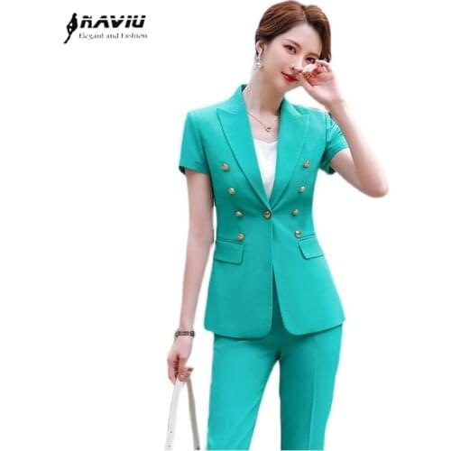 High End Suits Women 2021 New Fashion Temperament Thin White Short Sleeve Business Slim Blazer And Pants Office Ladies Work Wear