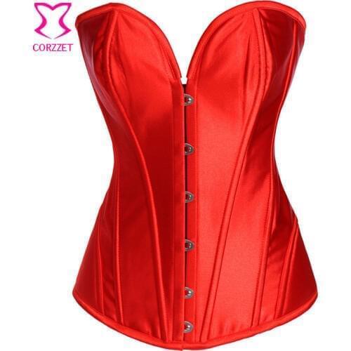 Womens Red Satin Corset Top Steel Boned Overbust Corselet Corset Gothic Clothing Korset Sexy Burlesque Corsets and Bustiers