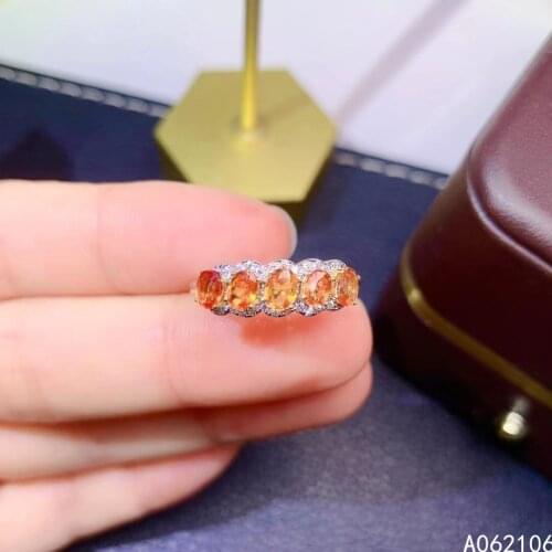 925 Pure Silver Chinese Style Natural Orange Sapphire Womens Luxury Fashion Adjustable Gem Row Ring Fine Jewelry Support Detect