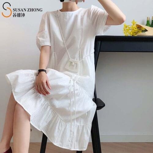 Women Summer Dress Short Sleeve Lantern Female One-Piece Cotton White Round Neck Straight Lace Up Drawstring Frills Vintage Bow