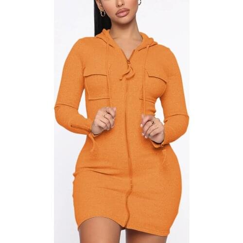 2021 Fashion Hooded Women Long Sleeves Mini Dress Casual Solid Color Zipper Slim Dress Elegant Streetwear Style Sexy Dresses