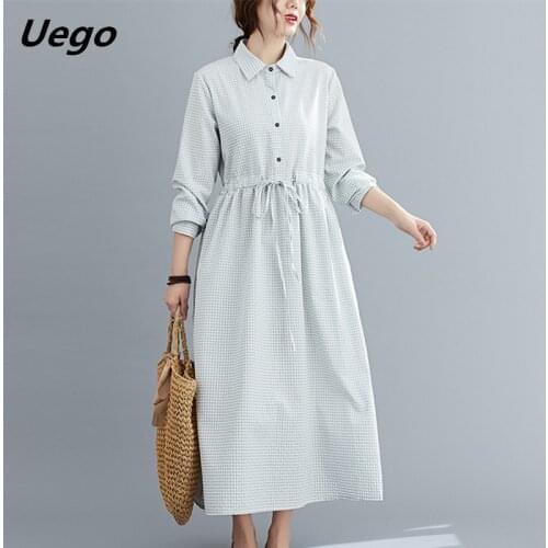 Turn-down Collar Button Fashion Blouse Dress Long Sleeve Plaid Autumn Dress Slim Women Casual Dress Female Long Spring Dress