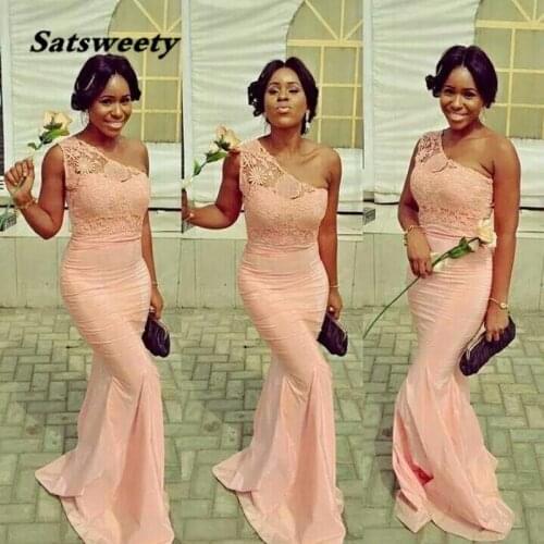 Custom Made Vestido Dama De Honor One Shoulder Peach / Coral Color Lace Mermaid Bridesmaid Dresses Sexy Long Bridesmaids Gowns