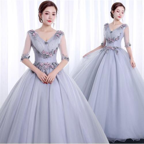 100%real silver grey embroidery court medieval dress renaissance Gown queen Victoria/Marie/ Belle Ball/drama/ball gown