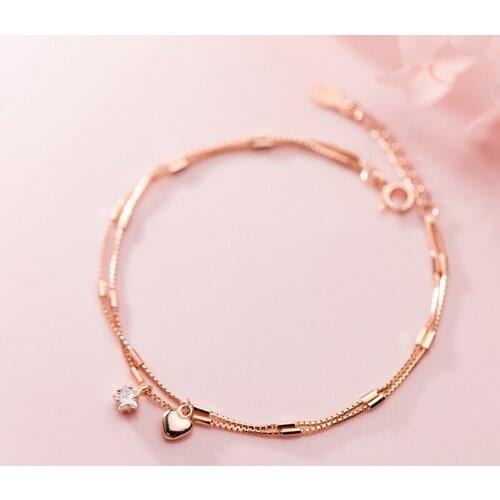 100% Real. 925 Sterling Silver Jewelry Bar Double Rows Heart CZ Chain Bracelet Adjustable C-S3568