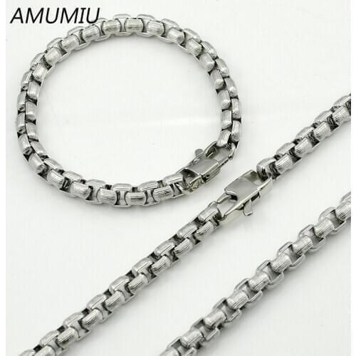 AMUMIU 8mm Bracelet Necklace Chain Sets Fashion Jewelry Sets 316L Stainless Steel Box Party for men Gift KTZ087