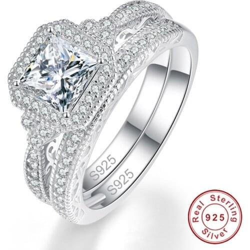 White Clear CZ Square 2pcs 925 Sterling Silver Rings Classic Engagement Bridal Sets Rings For Women Female Original Fine Jewelry