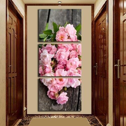 Free shipping 3 set Pink Rose Flower Canvas Painting wedding decoration Modular wall Picture for living room FA270 no framed