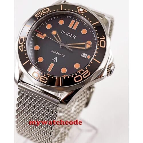 Top 41mm bliger black dial sapphire glass steel bracelet automatic mens watch
