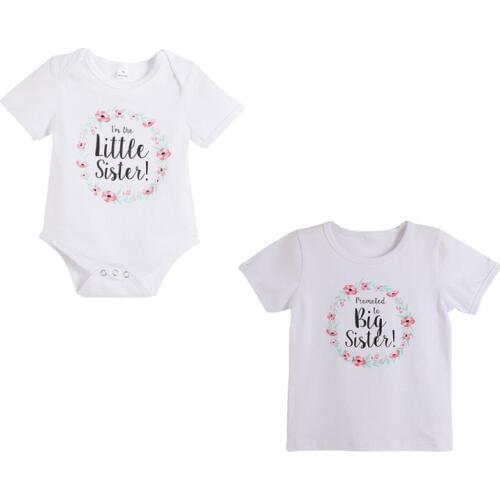 Summer Infant Baby Children Girls Cotton Short Sleeve Rompers Girls T-Shirt Sisters Colthes Cute Letter Floral Printed Clothes