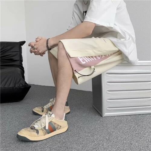 Summer mens casual pants Hong Kong style loose tide brand stitching contrast sports shorts Korean trend five-point pants