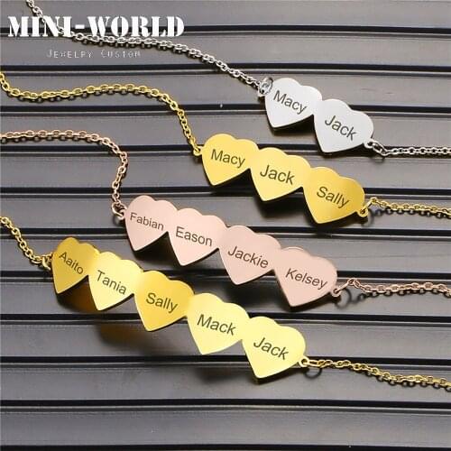 Mini-World Custom Family Name Jewelry Engraved Multiple Name Bracelets for Women Dainty Cute Heart Romantic Charm Mom Wife Gift