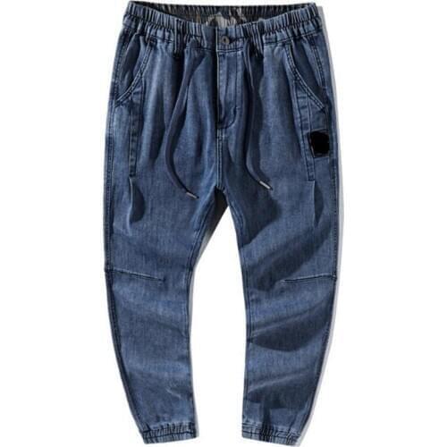 Mens Denim Pants Hip Hop Harem Jeans Elastic Waist Male Trousers Grey Blue Loose Baggy Jeans Low Crotch Pants