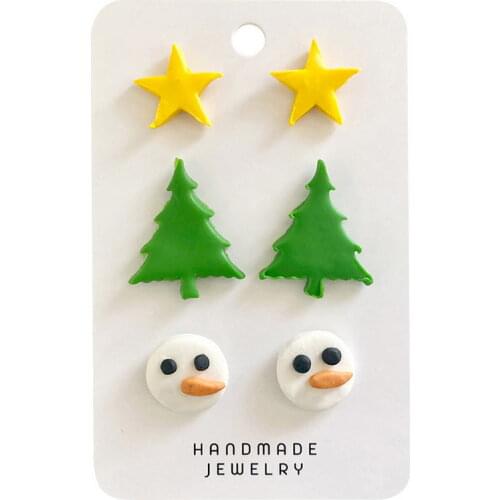 Latest Cute Cartoon Polymer Clay Star Snowman Christmas Tree Stud Earring Set Xmas Design Women Fashion Jewelry Wholesale