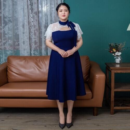 New High Neck A-Line Simple Evening Dresses Short Sleeves Women Party Dress Tea-length Fashion Lace Plus Size Formal Gowns D436
