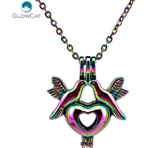 C663 COLORS Heart Lovebirds Pearl Beads Cage Locket Pendant Wedding Necklace 18" Aroma Essential Oil Diffuser Locket Necklace
