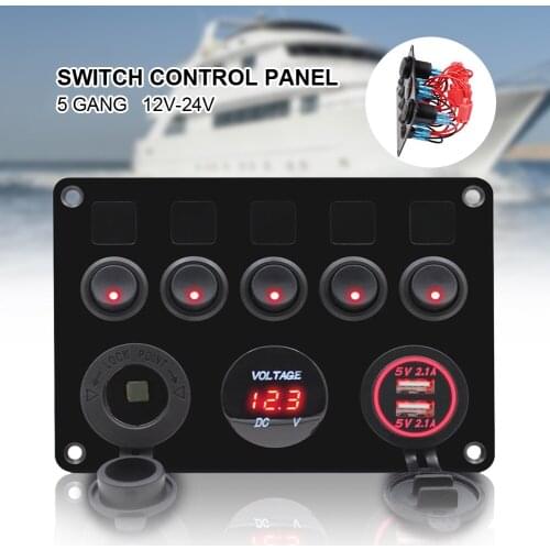 Boat Switch Panel Car Switch Panel Waterproof Digital Voltmeter Dual Usb Port 12v Outlet Combination Marine Led Rocker 5 Gang