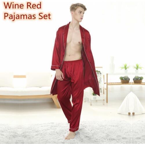 Mens Pajamas Silk Satin Pajamas Set Nightgown Top Long Pants Navy Gray Wine Red Pajamas Home Clothing Sleepwear for men