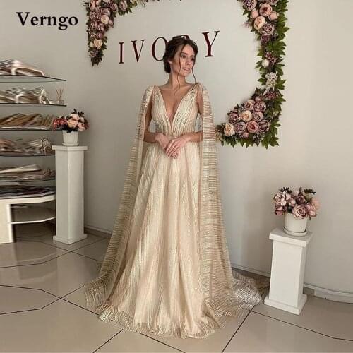 Verngo Champagne A Line Wedding Dress With Long Cap Sleeves Sheer Neck Backless Sexy Bridal Gowns 2021 Women Formal Dresses