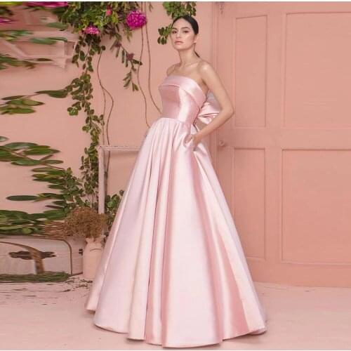 Vinca Sunny Simple Pink Satin Evening Dresses 2021 Formal Party Gowns Strapless Big Bow Back Long Bridesmaid Prom Dress