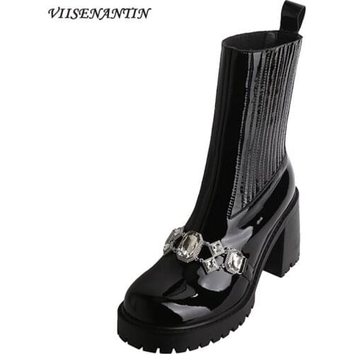 Rhinestone Chain Stitched Round Toe Platform Short Boots Womens High-heeled Fashion Boots with Elastic Bands on Both Sides