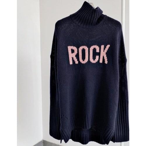 Navy Woman Letters Jacquard Wool Cashmere Oversized Sweater Turtleneck Drop Shoulder Long Sleeves Pullovers Fashion Jumpers