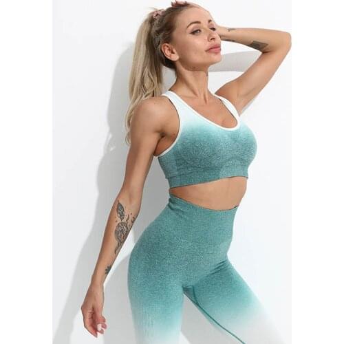 2 Pieces Ombre Womens Tracksuit for Gym Sports Bra High Waist Seamless Leggings Long Sleeve Outfit Workout Fitness Yoga Clothes
