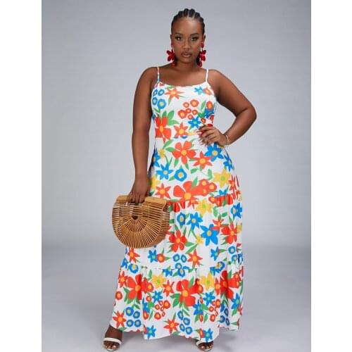 Flower Printed Long Dress Women Spaghetti Stap Sleeveless Boho Elegant Vintage Dresses Plus Size XL~5XL Beach Outfits 2021