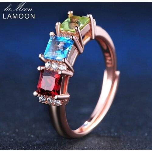 LAMOON 1.5ct 5mm Square Red Garnet Green Peridot Blue Topaz 925 sterling-silver-jewelry Wedding Ring For Women LMRI010