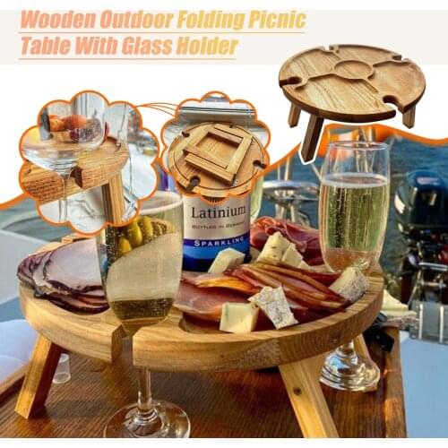 Wooden Outdoor Folding Picnic-table With Glass Holder 2 In 1 Wine Glass Rack Outdoor Wine Table Wooden Table Easy To Carry Wine