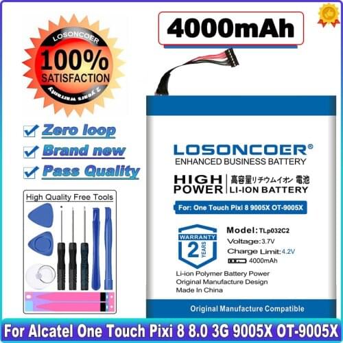 LOSONCOER 4000mAh TLp032C2 TLp032CC Battery For Alcatel One Touch Pixi 8 8.0 3G 9005X OT-9005X Mobile Phone Batteries