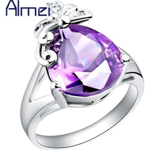 Almei Wedding Rings Fashion Silver Color Ring Red CZ Zircon Jewerly Butterfly Purple Crystal Anillos for Woman Party 2017 J096
