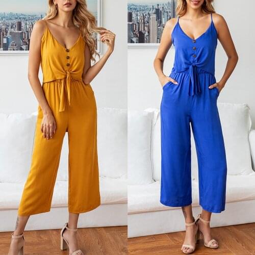 Elegant Women Jumpsuit Summer Straps V Neck Sleeveless Buttons Lace Up Long Romper Casual Backless High Waist Wide Legs Overalls