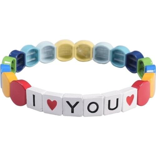 Custom Name Enamel Tila Bracelet Bohemia Alloy Rainbow Love stretch Bangle Woman Bracelet DIY Jewelry Making Accessory
