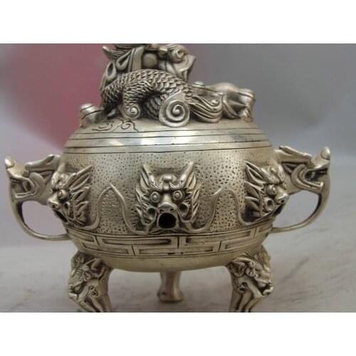 Chinese Buddhism Fane White Copper Silver Nine Dragon Head Incense Burner Censer